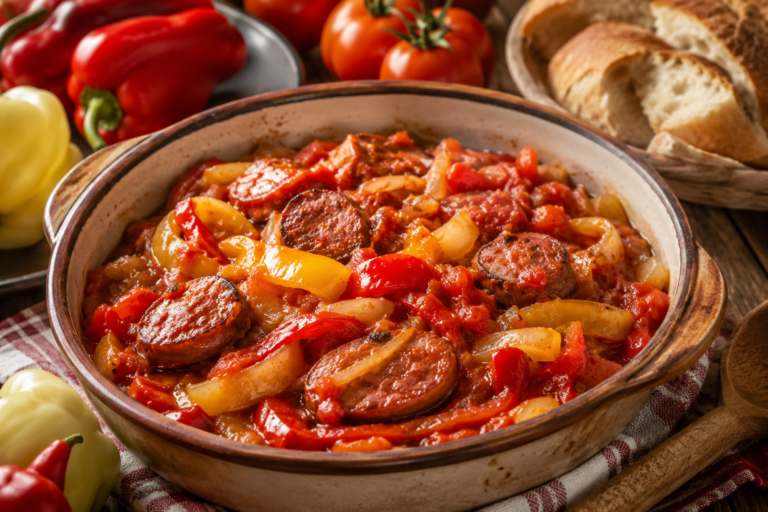 Letscho mit Paprika, Tomaten und Würstchen – einfaches ungarisches Rezept