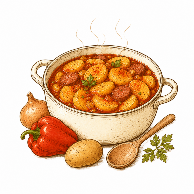 Paprikakartoffeln mit Würstchen und ungarischem Paprika