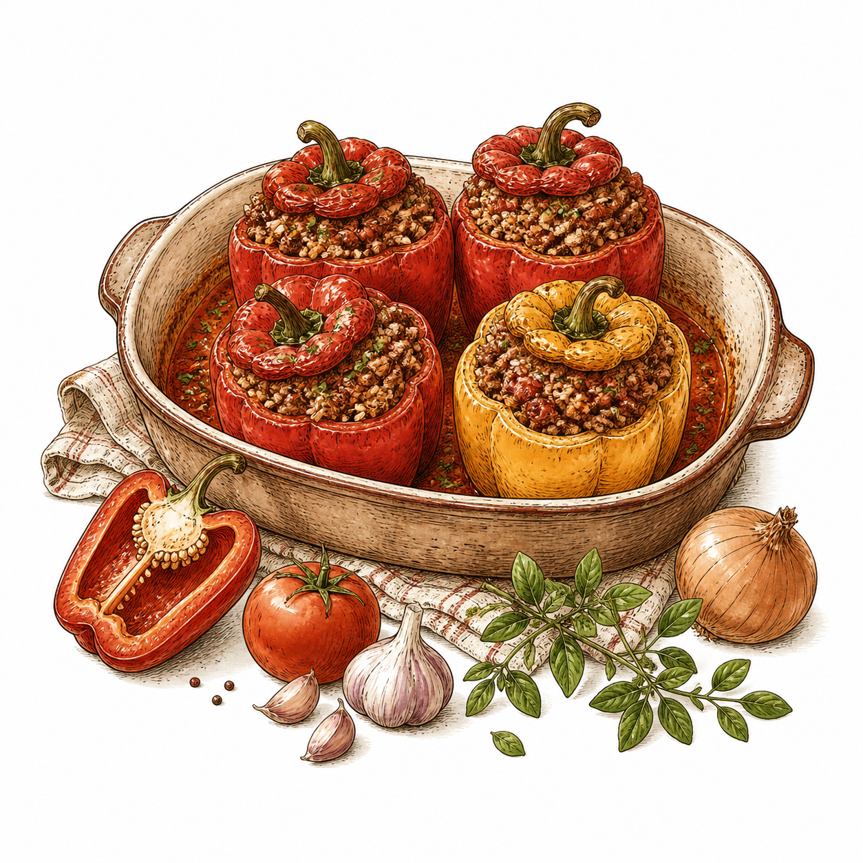 Gefüllte Paprika mit Hackfleisch, Reis und ungarischem Paprika