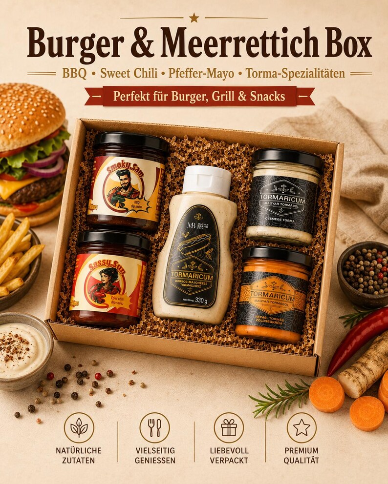 Burger & Meerrettich Geschenkbox – ungarische Saucen & Feinkost