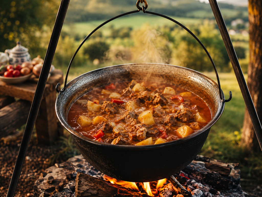 Ungarisches Gulasch im Bogrács über offenem Feuer