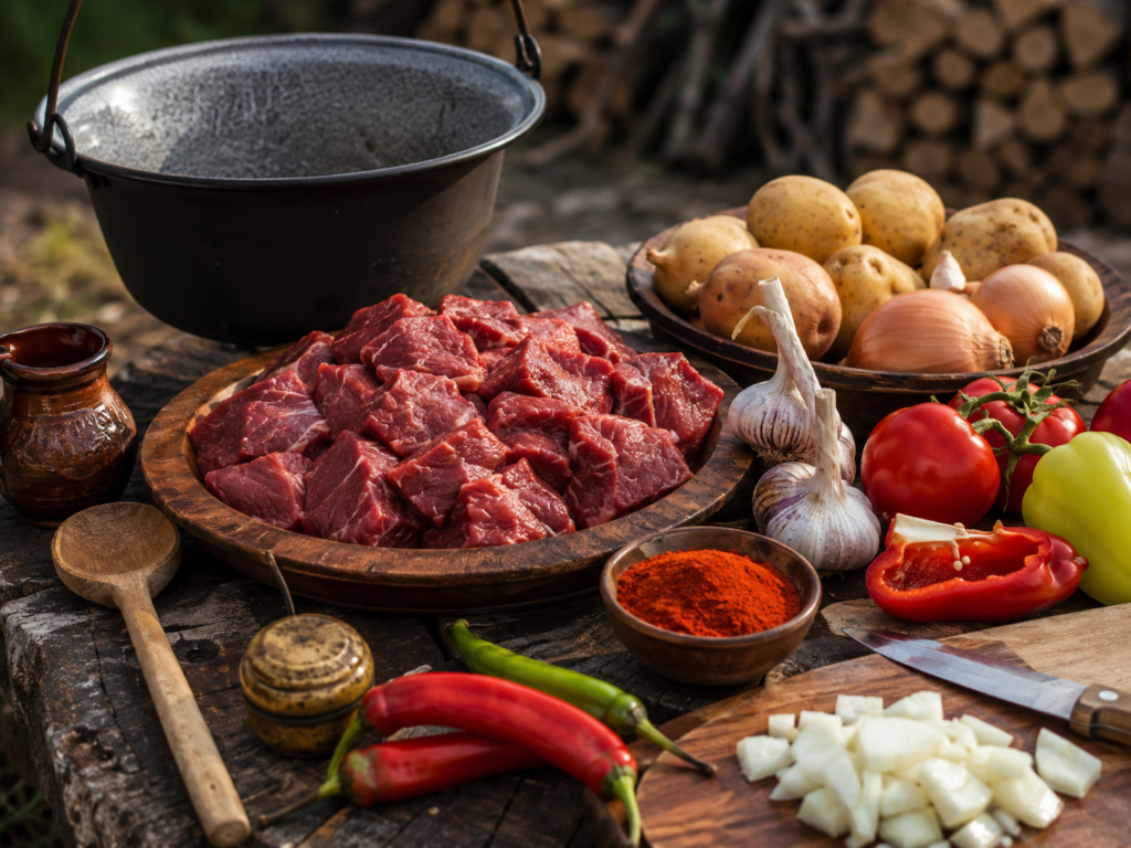 Zutaten für ungarisches Gulasch mit Paprika und Rindfleisch