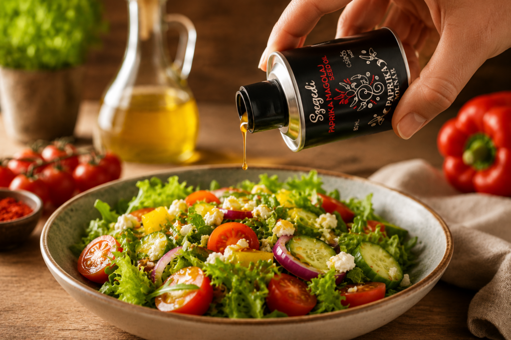 Paprikasamenöl aus Ungarn als Dressing für frischen Salat