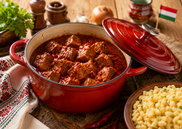 Ungarisches Schweinepörkölt mit Paprika und hausgemachter Pasta